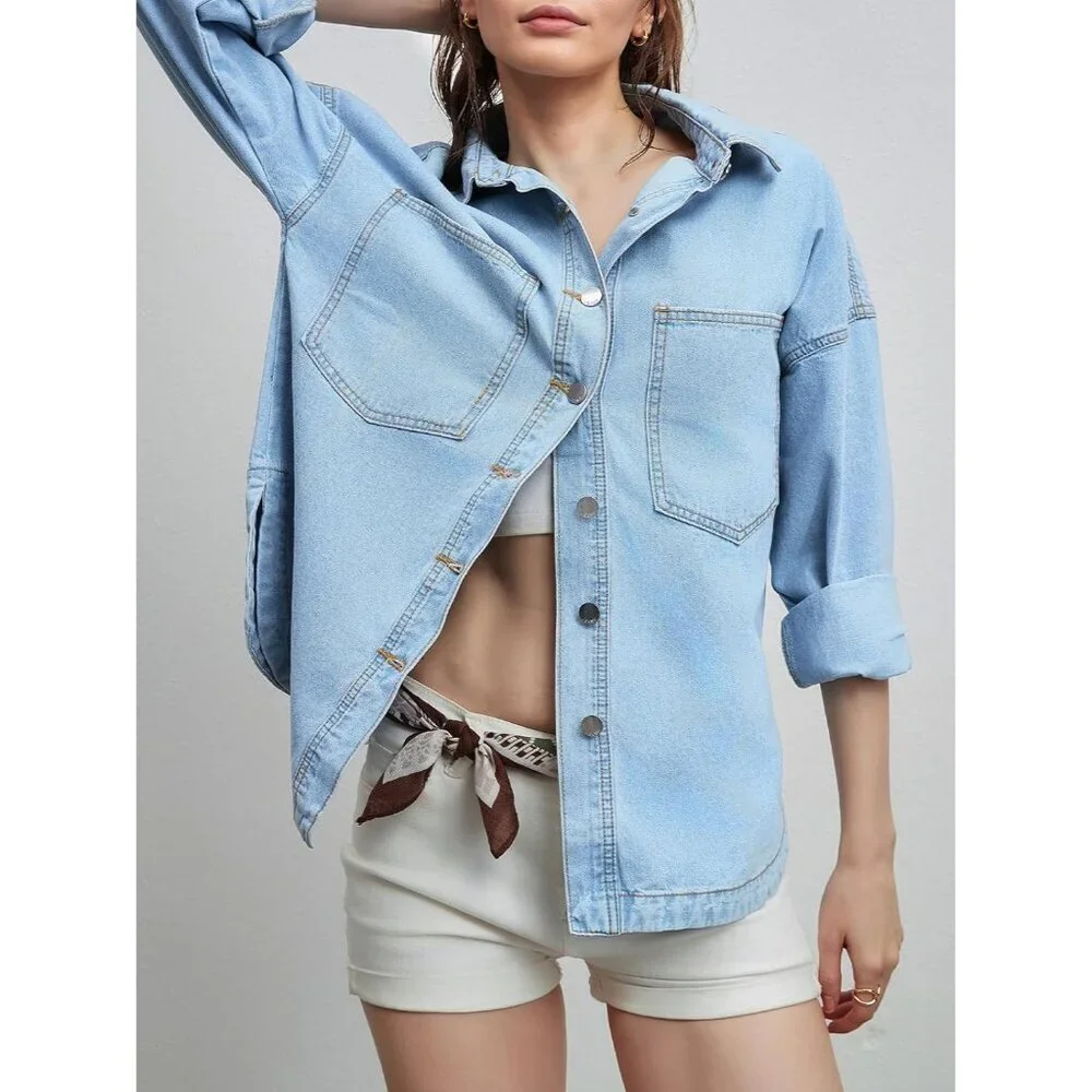 Women Denim Shacket Light Blue Oversized Button Long Sleeve Casual Jacket - Picture 5 of 7